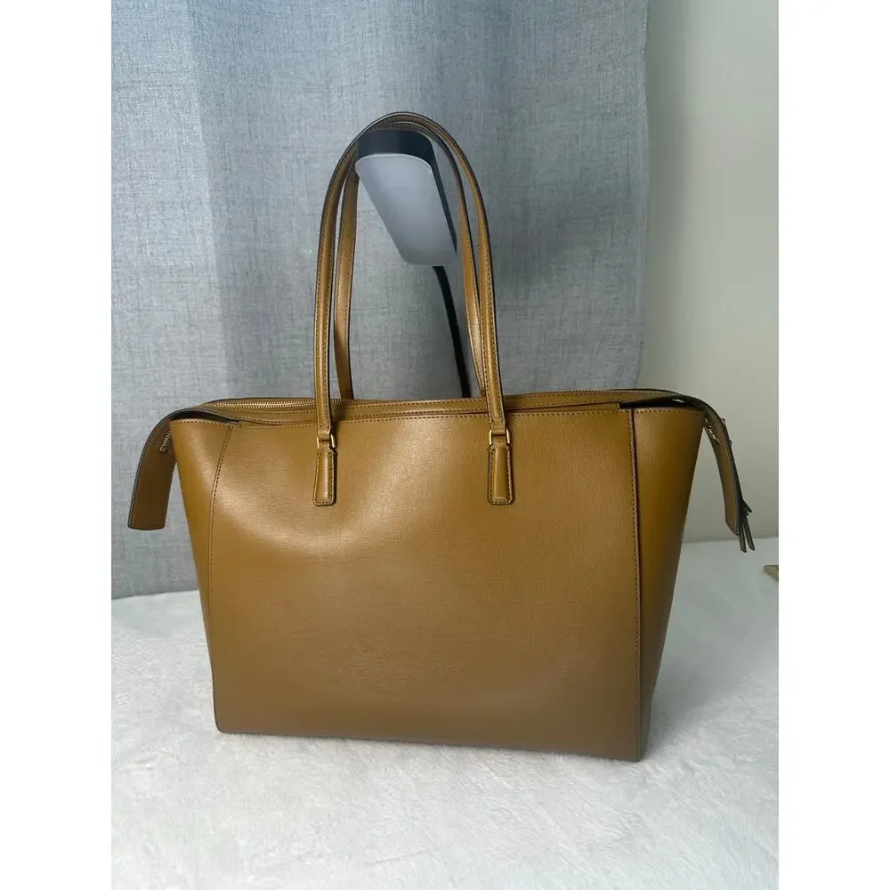 Tory Burch Robinson Large Leather Tote Bag Bistro Brown Work Career Classic EUC